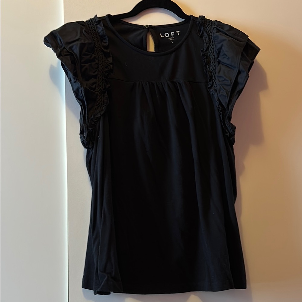 LOFT Black Ruffled Cap Sleeve Blouse